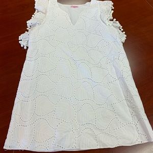 Lily Pulitzer White Leaf Eyelet & Pom Pom Sheath Dress sz L NWOT